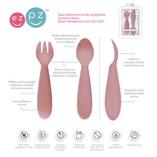 Komplet silikonowych sztućców Mini Utensils pastelowy róż EZPZ - obrazek 2