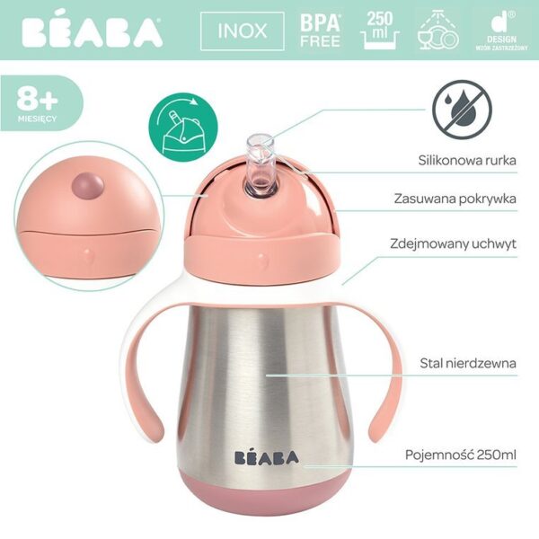 Bidon termiczny termobutelka ze słomką 250 ml Old Pink BEABA - obrazek 2