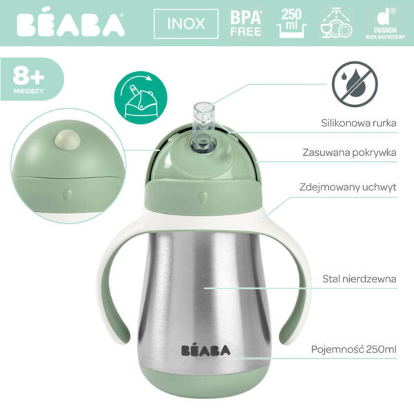 Bidon niekapek ze słomką termiczny 250 ml Sage green Beaba - obrazek 5
