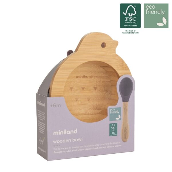 Drewniana miseczka z przyssawką i łyżeczką w zestawie do karmienia metodą BLW ECO-friendly - Ptaszek MINILAND - obrazek 2