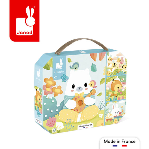 Puzzle progresywne w walizce Zwierzątka Pure 4 układanki – 6, 9, 12 i 16 elementów 2+ Janod