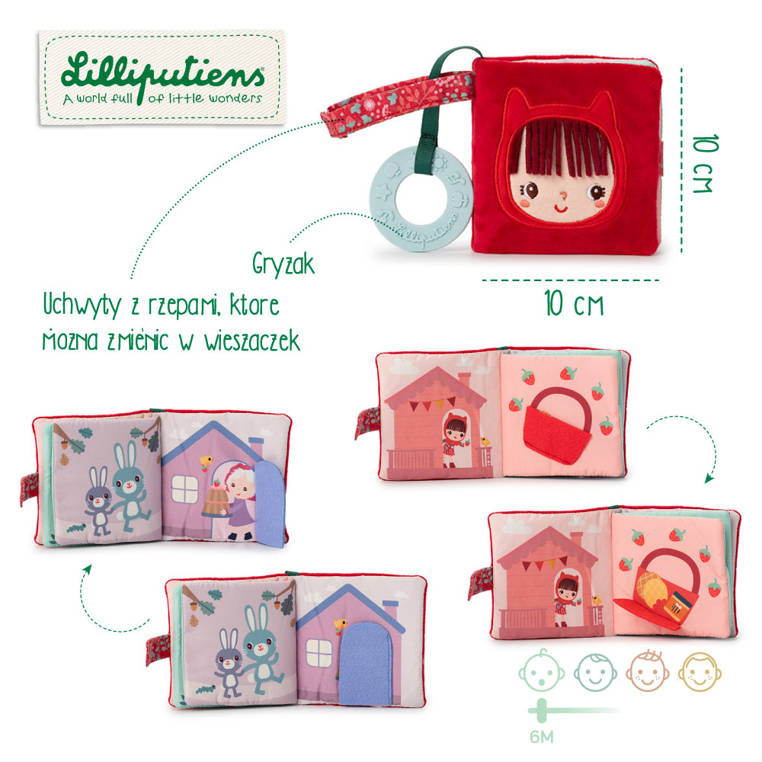 Miękka mini-książeczka wielofunkcyjna z silikonowym gryzakiem Czerwony Kapturek 6 m+ LILLIPUTIENS - obrazek 5