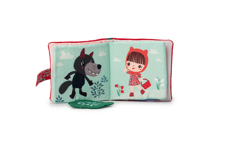 Miękka mini-książeczka wielofunkcyjna z silikonowym gryzakiem Czerwony Kapturek 6 m+ LILLIPUTIENS - obrazek 4