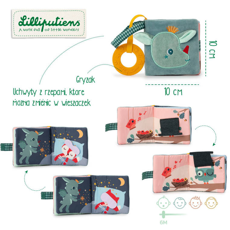 Miękka mini-książeczka wielofunkcyjna z silikonowym gryzakiem Smok Joe 6 m+ LILLIPUTIENS - obrazek 3