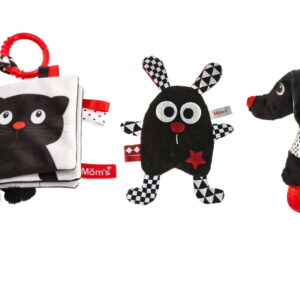 Zestaw Kontrastowych zabawek: Książeczka, Szeleścik, Piszczek z Gryzakiem MOM'S CARE