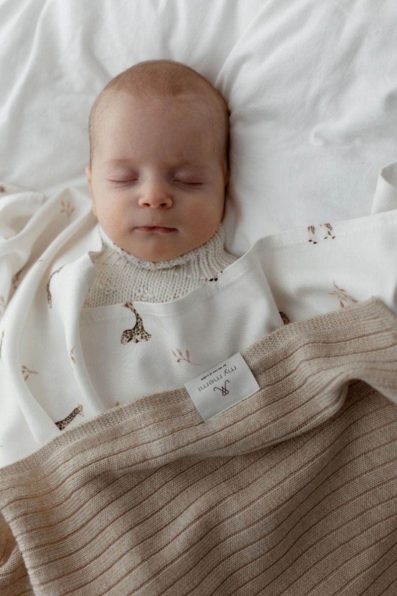 Kocyk ze 100% wełny merino warm beige w prążek - premium collection MEMI - obrazek 2