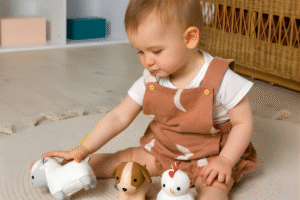dziecko bawiące się zabawkami dla niemowląt w pokoju dziecięcym
