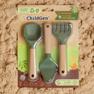 Zestaw zabawkowych narzędzi ogrodowych do ćwiczenia motoryki małej, grabki, szpadel, łopatka, bio plastik ChildGen