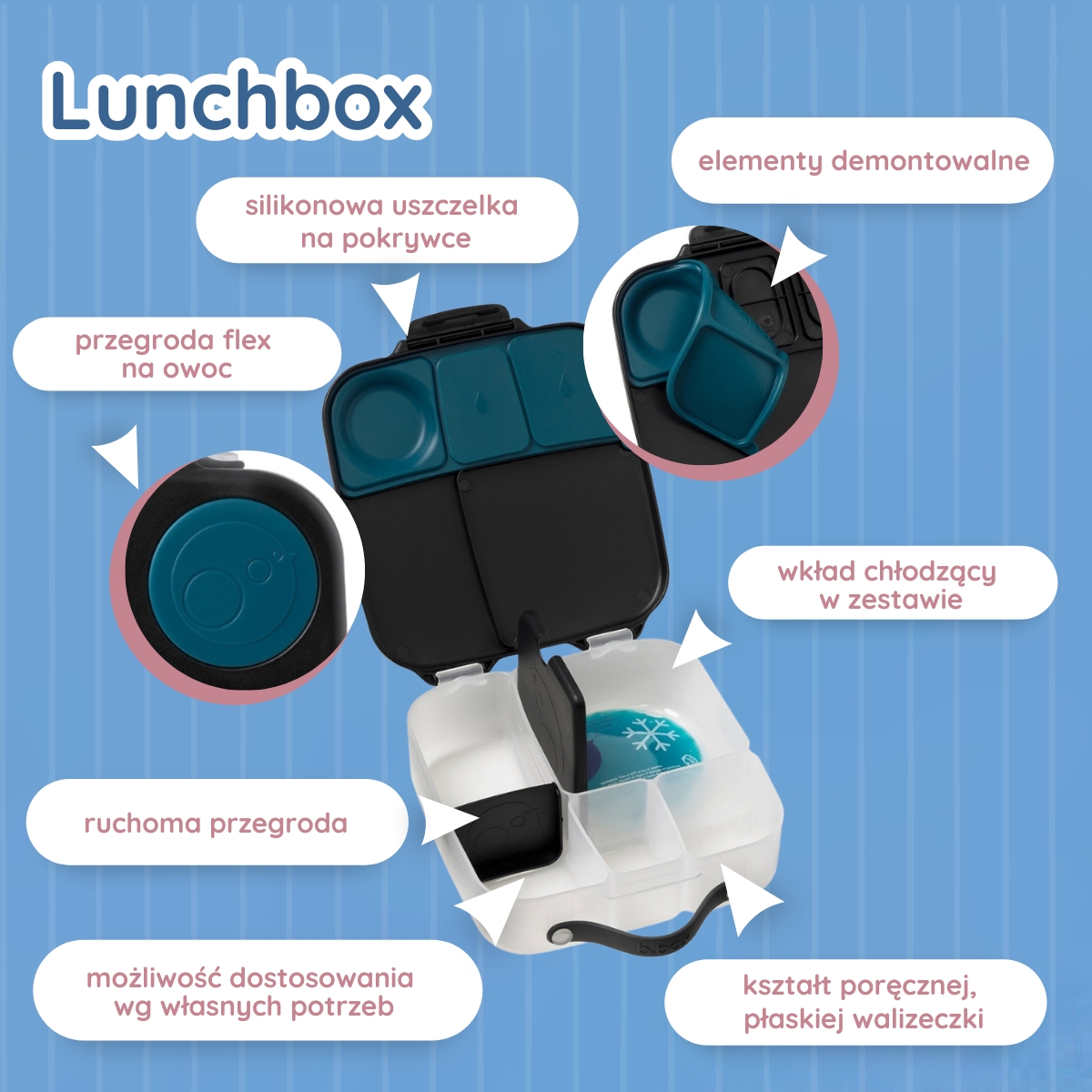 Lunchbox, śniadaniówka do szkoły, pracy, przegródki, wkład chłodzący, 2l, Midnight, b.box - obrazek 8