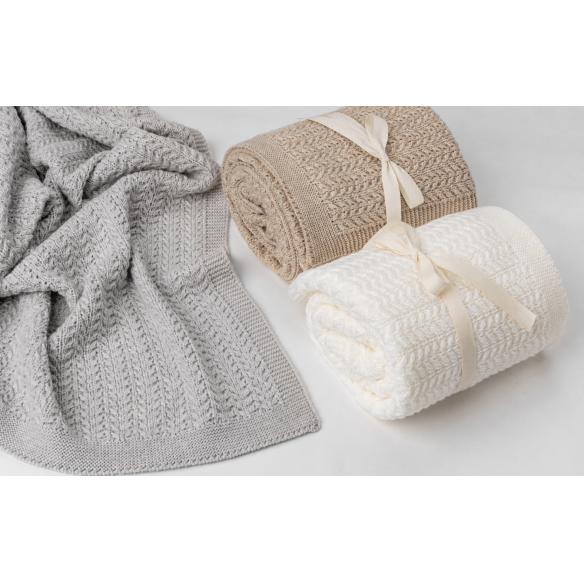 Otulacz ze 100% wełny merino warm beige Leaves - premium collection MEMI - obrazek 3