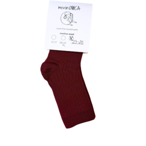 Skarpetki z wełny merino dziecięce bordo w prążek MERINOWCA