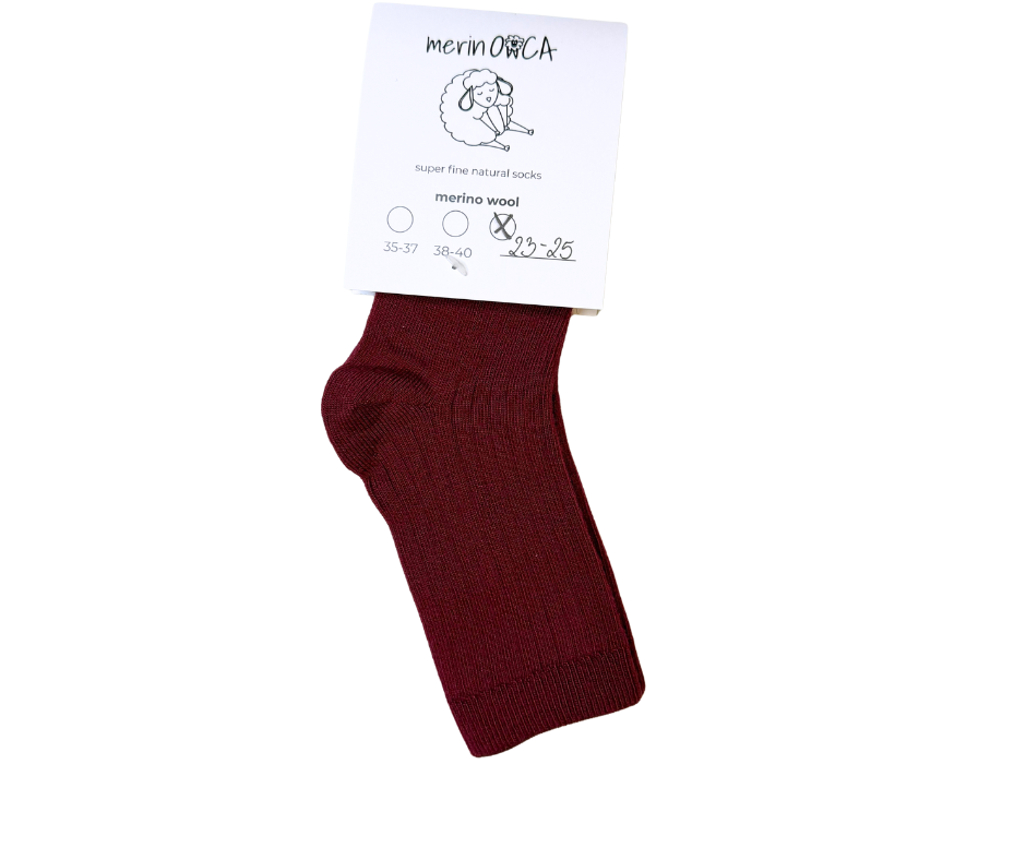 Skarpetki z wełny merino dziecięce bordo w prążek MERINOWCA